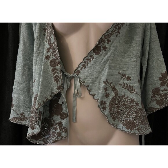 Two Star Dog TSD Green Brown Floral Embroidered 3/4 Sleeve 100% Silk Jacket S - Picture 5 of 8